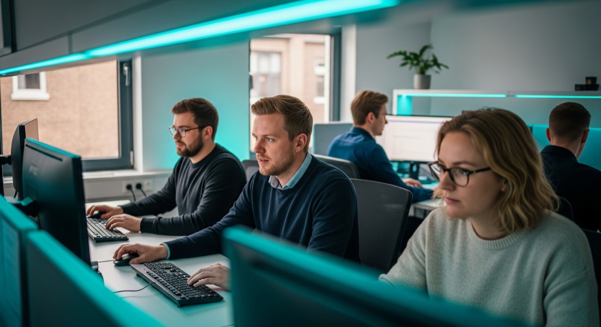 Een klein, gedreven team aan het werk in een licht, modern kantoor