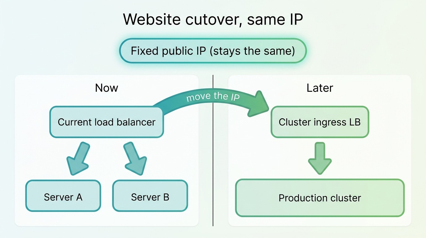 De cutover: het publieke IP-adres blijft gelijk en verhuist van de oude load balancer naar de cluster-ingress