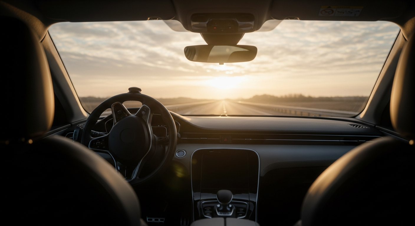 Het interieur van een zelfrijdende auto, de bestuurdersstoel leeg, het stuur stuurt zichzelf, door de voorruit een open weg naar de zonsopgang